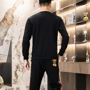 秋冬时尚套装简欧圆领休闲男士卫衣两件长袖长裤印花黑色9351P120