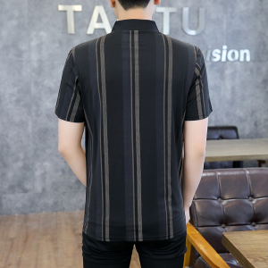 夏季棉短袖半袖Polo衫翻领t恤男冰丝粗条纹商务五分袖卡其8502P40,卡其色t恤搭配什么颜色好图片