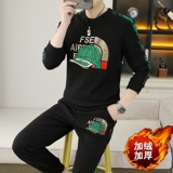 冬季时尚加厚套装简欧圆领休闲男士卫衣长袖长裤黑色9349加绒P130，男装休闲套装，星座1207