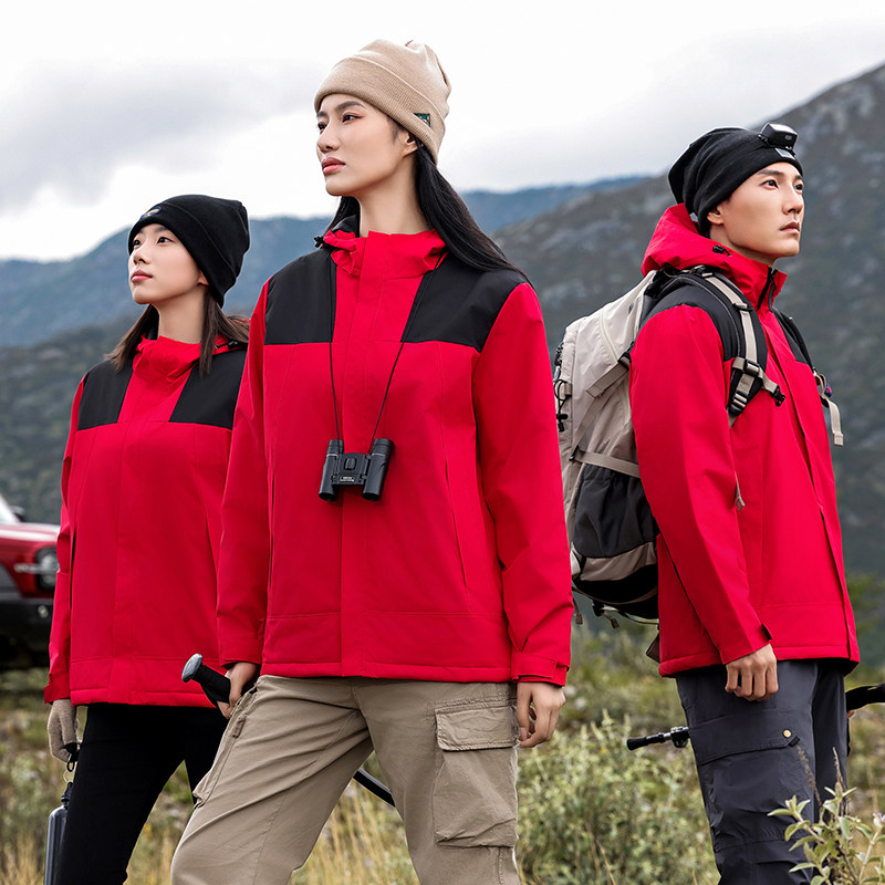 冬加绒加厚夹克美式风衣拼色连帽羽绒棉户外三防冲锋衣红9859P65，男装夹克，星座1207