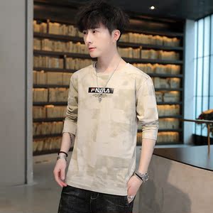 春季长袖男图画薄款卫衣男棉t恤男时尚印花圆领套头卡其色9618P25图片