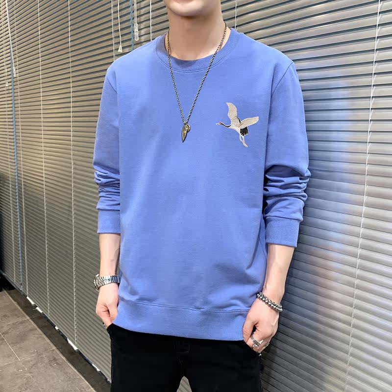 春季长袖棉卫衣男纯色风刺绣飞鹤港风情侣大码宽松蓝9677,男装卫衣,星座1207