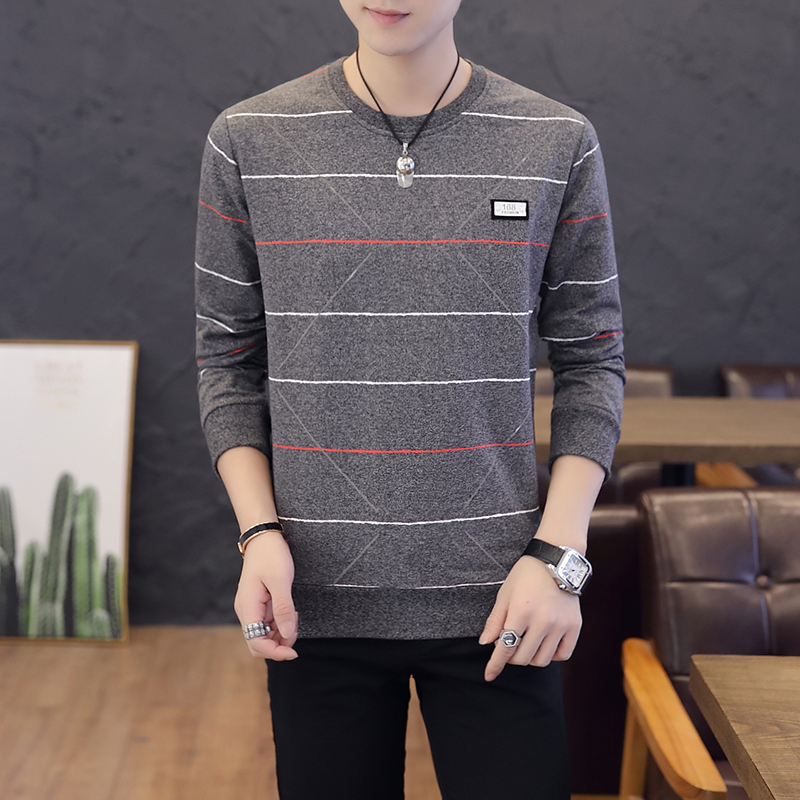 Autumn long sleeve men's colored cotton thin sweater men's t-shirt men's fashion printed round neck Pullover dark grey