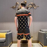 夏季透气运动休闲套装百搭圆领社会潮流简欧版短袖短裤白9345P60，男装休闲套装，星座1207