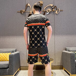 夏季透气运动休闲套装百搭圆领社会潮流简欧版短袖短裤白9345P60图片