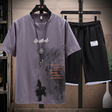 夏季棉t恤圆领大码水墨短袖套装船4XL沙滩短裤两件套灰色TZ358，男装套装，星座1207