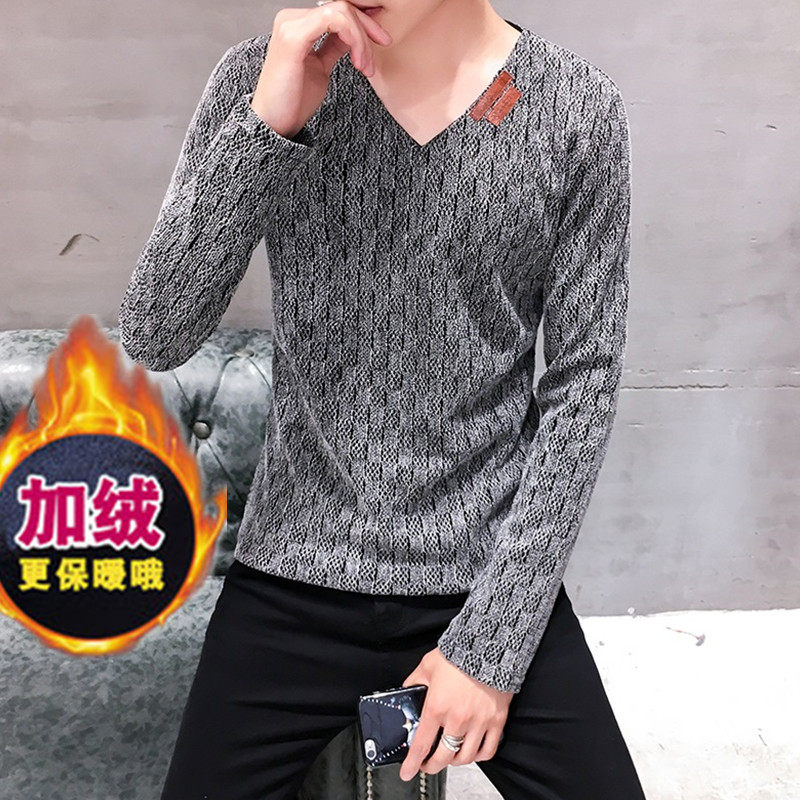 冬季加绒加厚长袖男保暖卫衣男外贸大码网格纱打底衫灰K13加绒P30图片