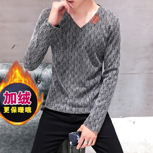 冬季加绒加厚长袖男保暖卫衣男外贸大码网格纱打底衫灰K13加绒P30图片