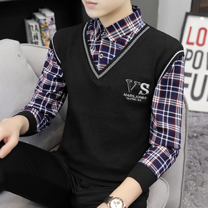 秋季长袖休闲格子衬衫领两件套商务套头刺绣针织毛衣浅灰M217P35图片
