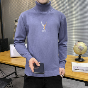秋冬可翻高领毛衣男鹿头纯色长袖刺绣毛衫打底针织衫浅灰M255P33图片