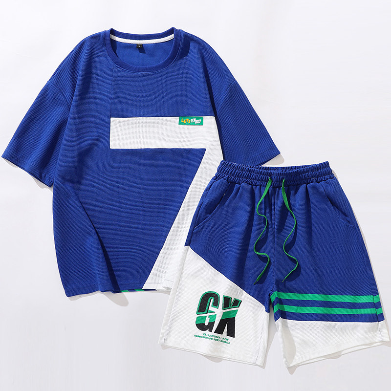 夏短袖套装短裤男宽松半袖落肩华夫格青年运动透气白蓝TZ9312P50，男装休闲套装，星座1207