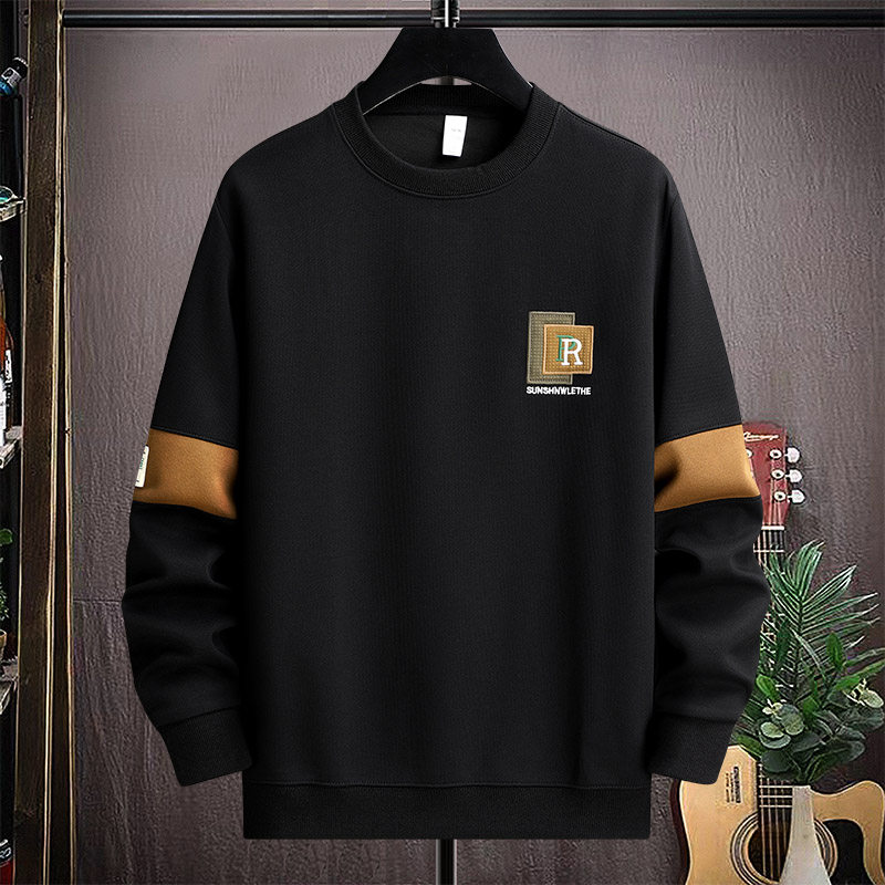 秋冬直播高质量棉挂拍卫衣男圆领套头刺绣宽松长袖黑9780P45，男装卫衣，星座1207