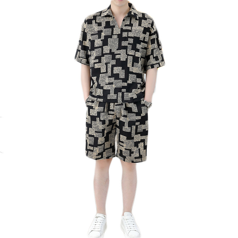 夏季透气运动休闲套装百搭衬衫翻领日系宽松短袖短裤灰色9337P50,男装休闲套装,星座1207