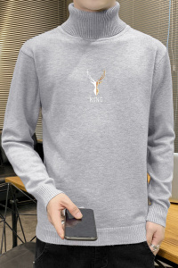 秋冬可翻高领毛衣男鹿头纯色长袖刺绣毛衫打底针织衫浅灰M255P33图片
