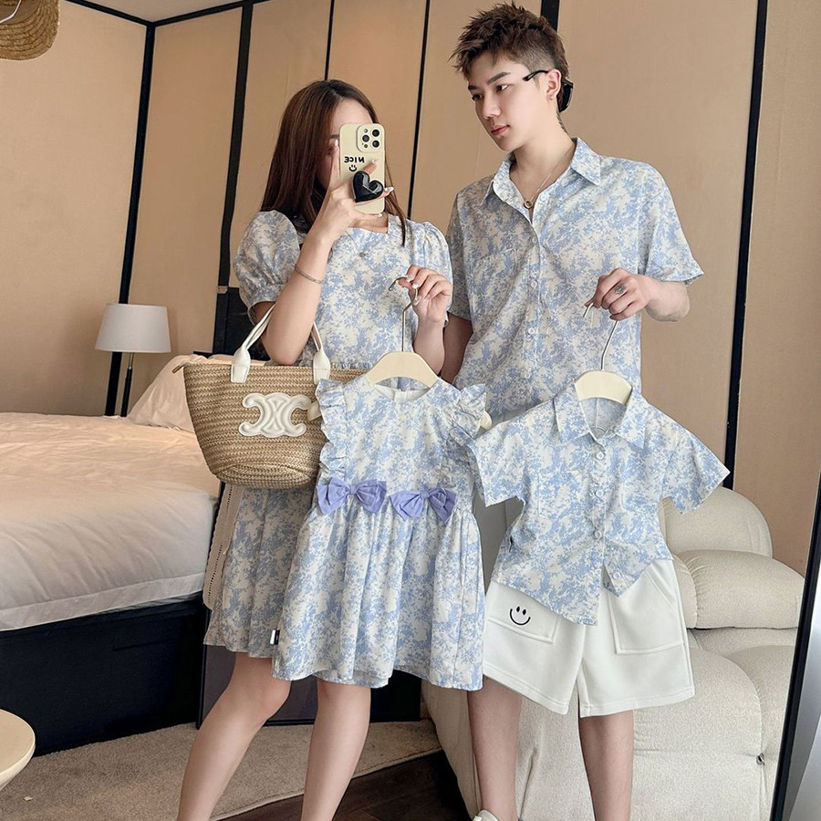 해변 해변 정장 여름 2024 새로운 활 작은 꽃 부모 - 자식 드레스 중국 스타일 아동복 트렌드