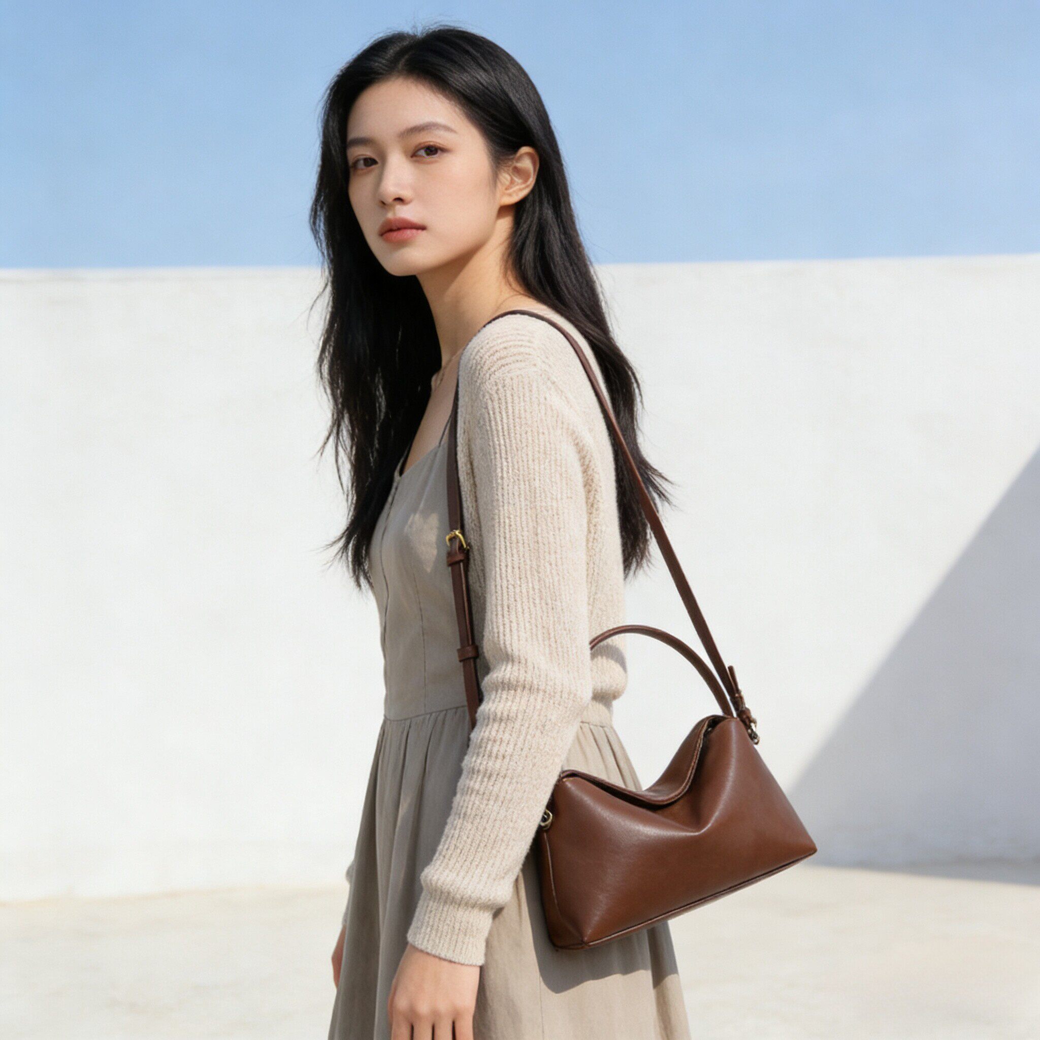 2026新款小ck风头层牛皮小众波士顿包高质感手提单肩斜挎日常女包