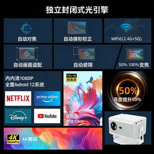 CAIMEIELE智能高清投影仪CM-S18自动对焦无极缩放1080P高清手机无线同屏语音交互 支持4K播放 支持上电开机