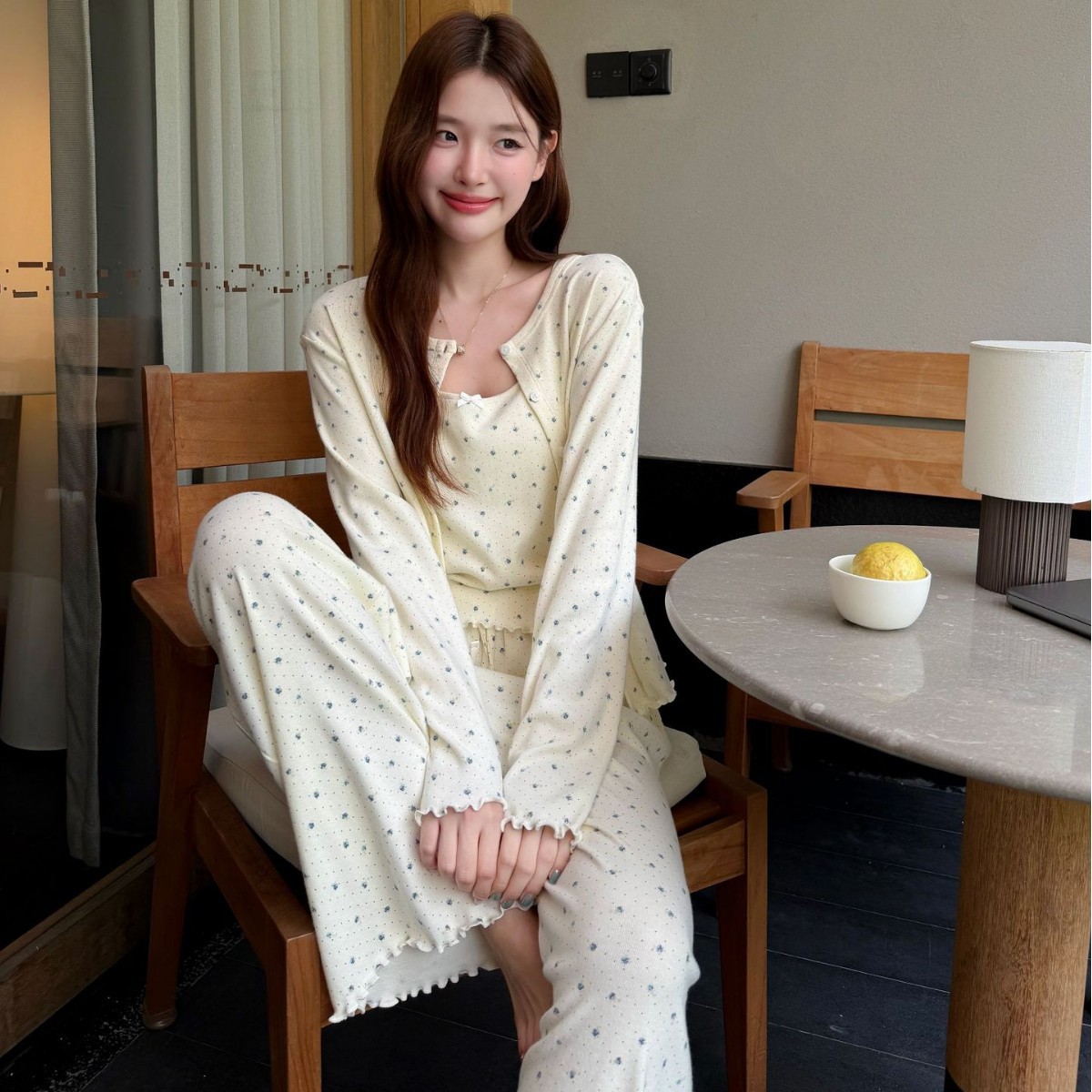 星落花田睡衣女秋冬纯棉棉质加厚磨毛韩风法式长袖3件套胸垫版