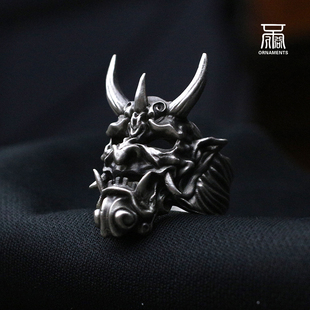 不俗原创手工复古个性面具头盔925纯银黄铜男女款般若天狗戒指环