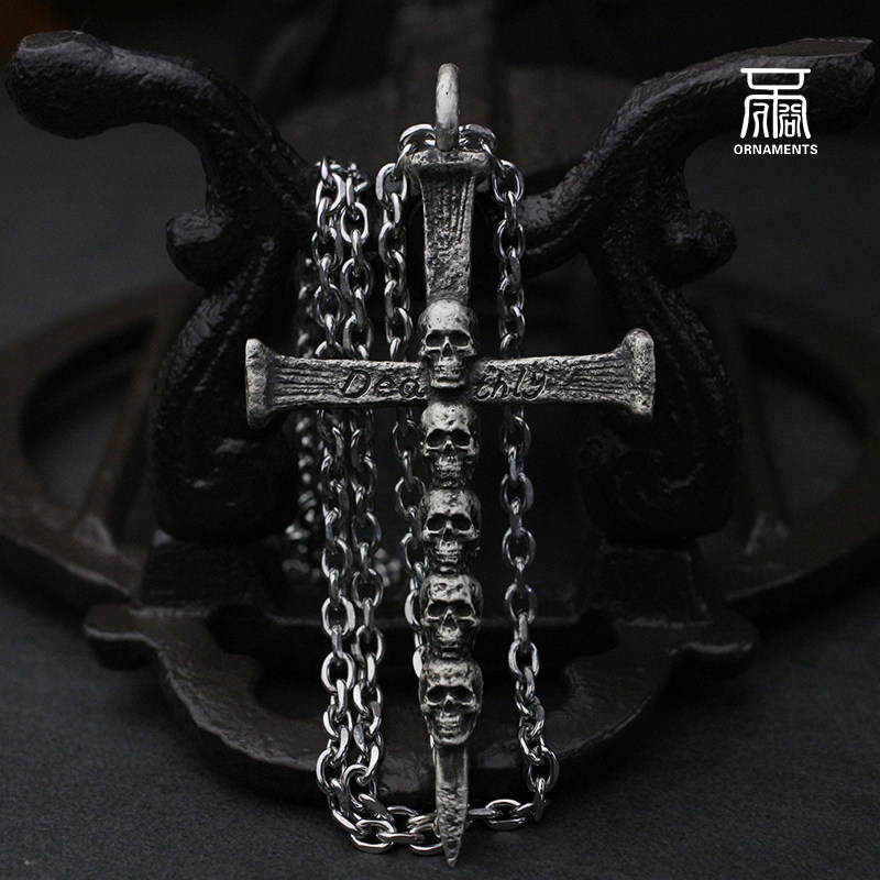 不俗黄铜手工信仰暗黑哥特潮流骷髅头十字架男女925纯银项链吊坠