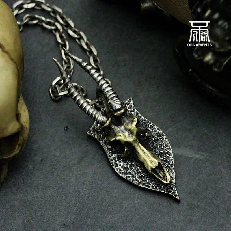 吊牌羚羊头骨纹理骷髅男士饰品女925纯银黄铜项链子吊坠镶嵌厚重