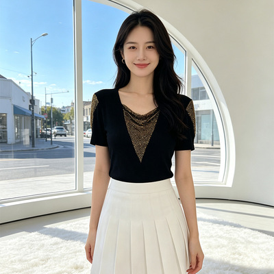 YX-954烫钻T恤女夏季修身显瘦上衣气质百搭时尚大方减龄短袖小衫