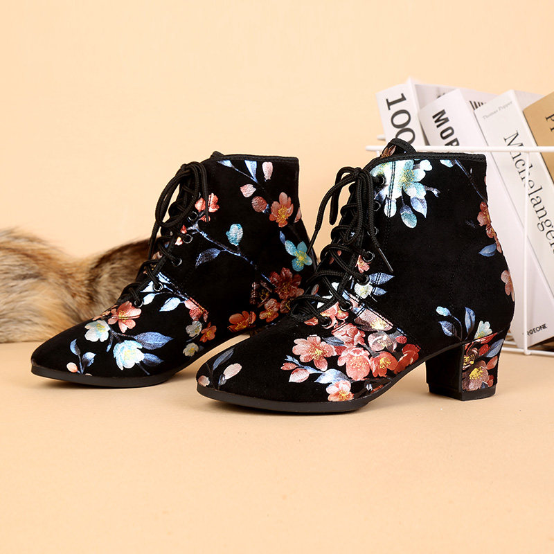 艺尚舞牛津布拉丁鞋吉特巴舞靴女印花中高跟软底跳舞鞋秋冬交谊舞