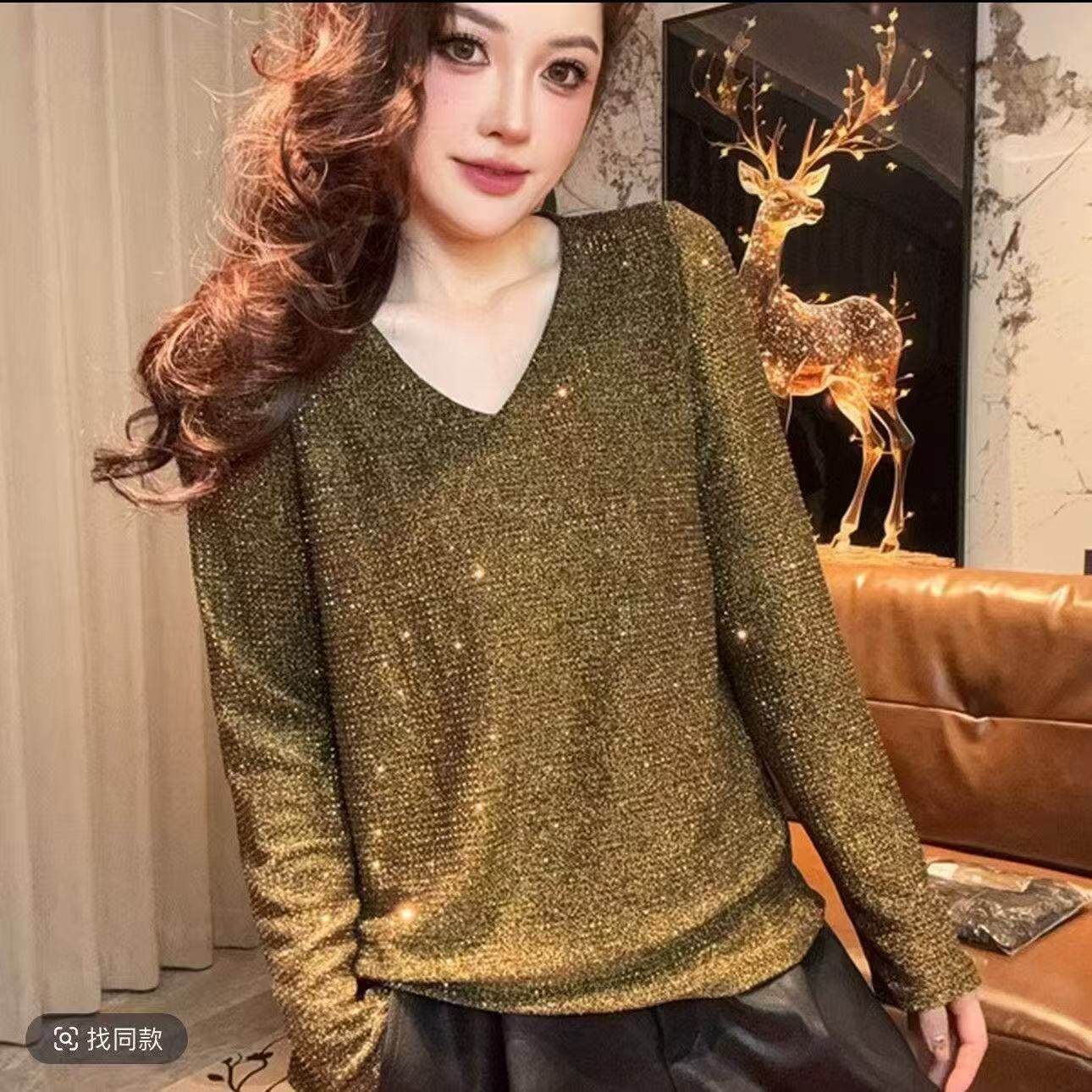 PYX-859亮钻V领新款舞蹈服T恤时尚洋气重工镶钻长袖上衣女