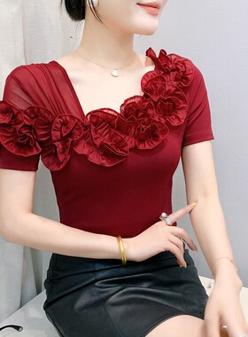 YX-836夏季新款时尚花朵木耳边百搭网纱露肩修身显瘦短袖t恤小衫