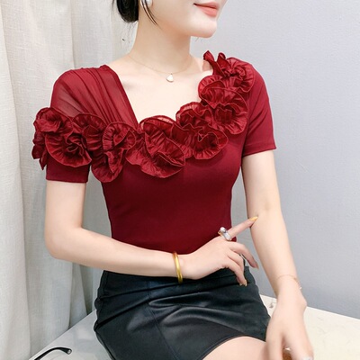 YX-836夏季新款时尚花朵木耳边百搭网纱露肩修身显瘦短袖t恤小衫