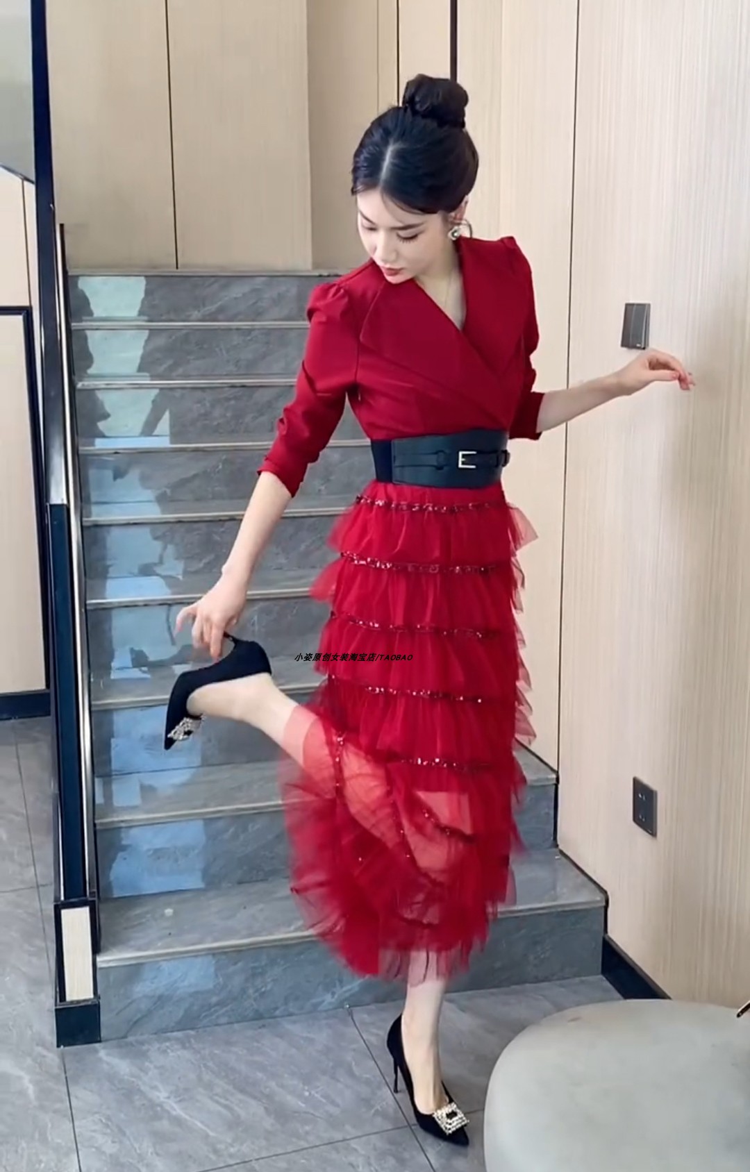 正版设计款时尚网纱西装连衣裙秋女2024名媛气质翻领显瘦蛋糕长裙