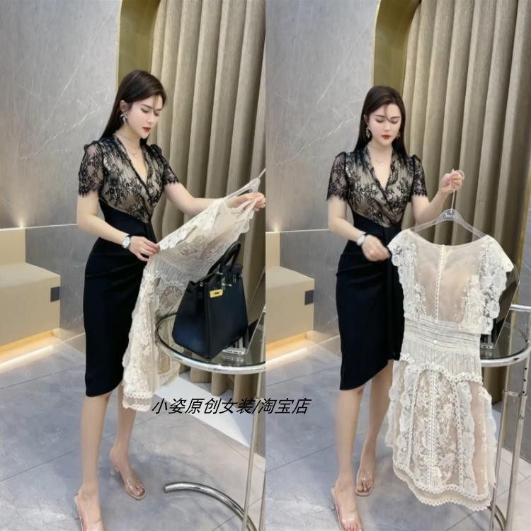 女装性感蕾丝网纱拼接压褶连衣裙
