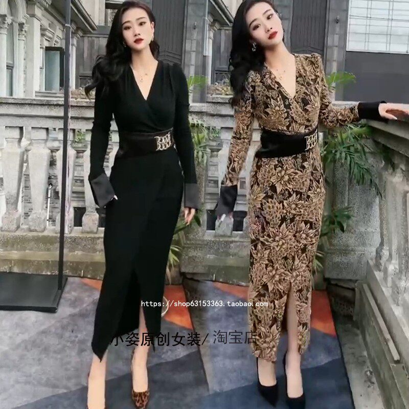 法式V领开叉显瘦宴会连衣裙