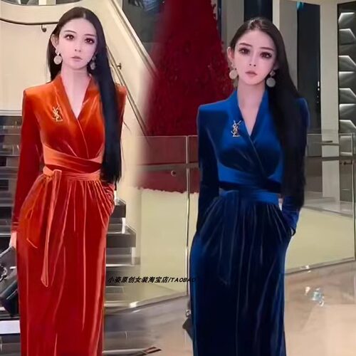 欧美高端奢华大牌金丝绒大摆长裙秋冬季新款婚宴晚礼服裙连衣裙女