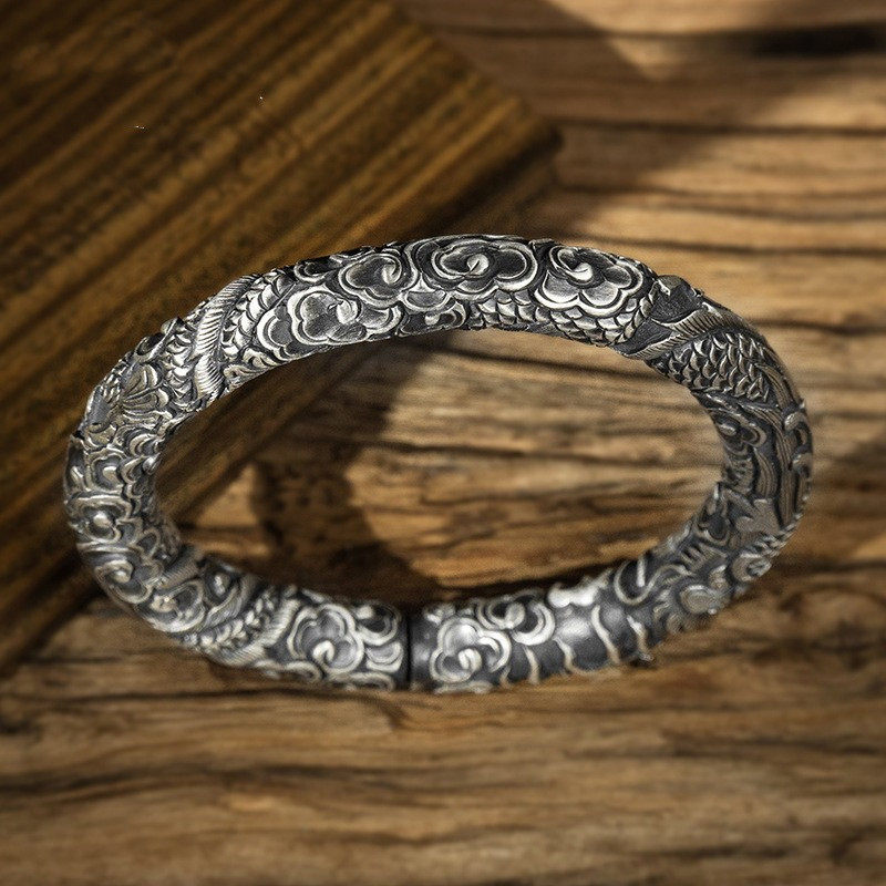 云南手工雪花银手镯男款个性复古穿云龙纹全龙纯银手环手镯民族风