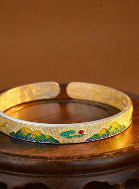 白铜镀银狐狸手环 个性吉言描金珐琅彩锦绣河山手镯 千里江山镯子