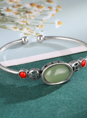 民族风复古镶嵌和田玉开口手镯