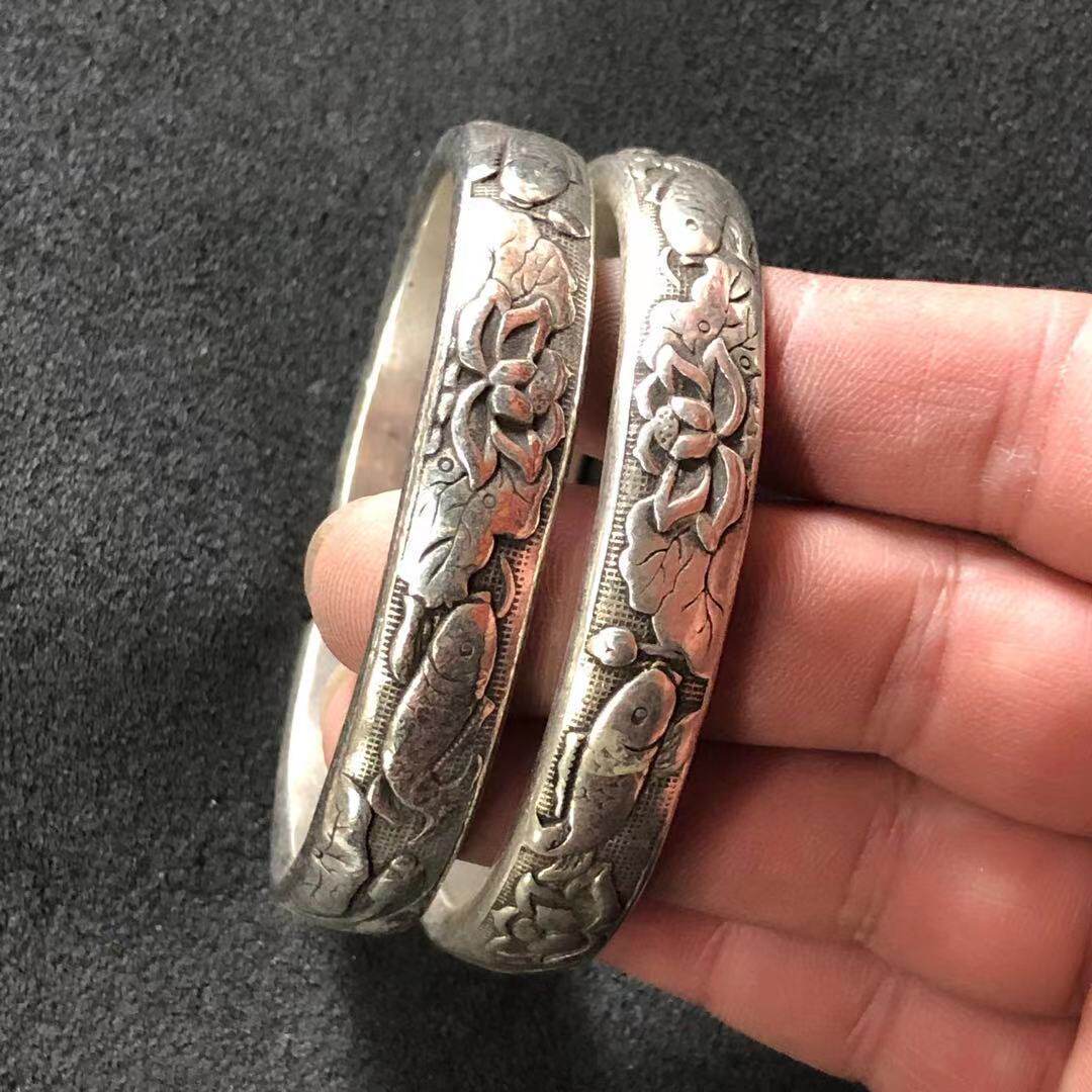 批发藏银苗银手镯 复古民族风荷花鱼款银手镯 民间工艺饰品