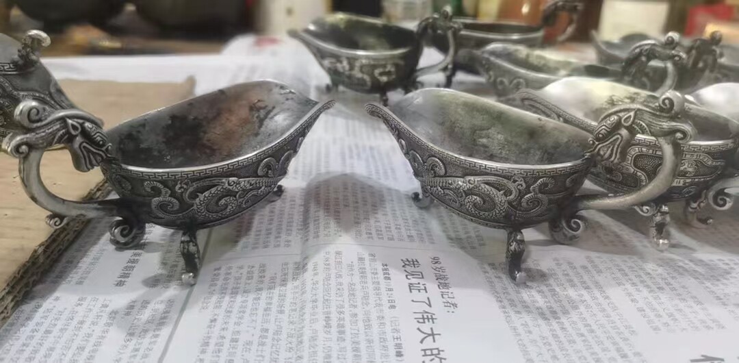 白铜镀银酒具古玩收藏螭龙双鱼酒杯酒器茶具家居茶道装饰礼品摆件