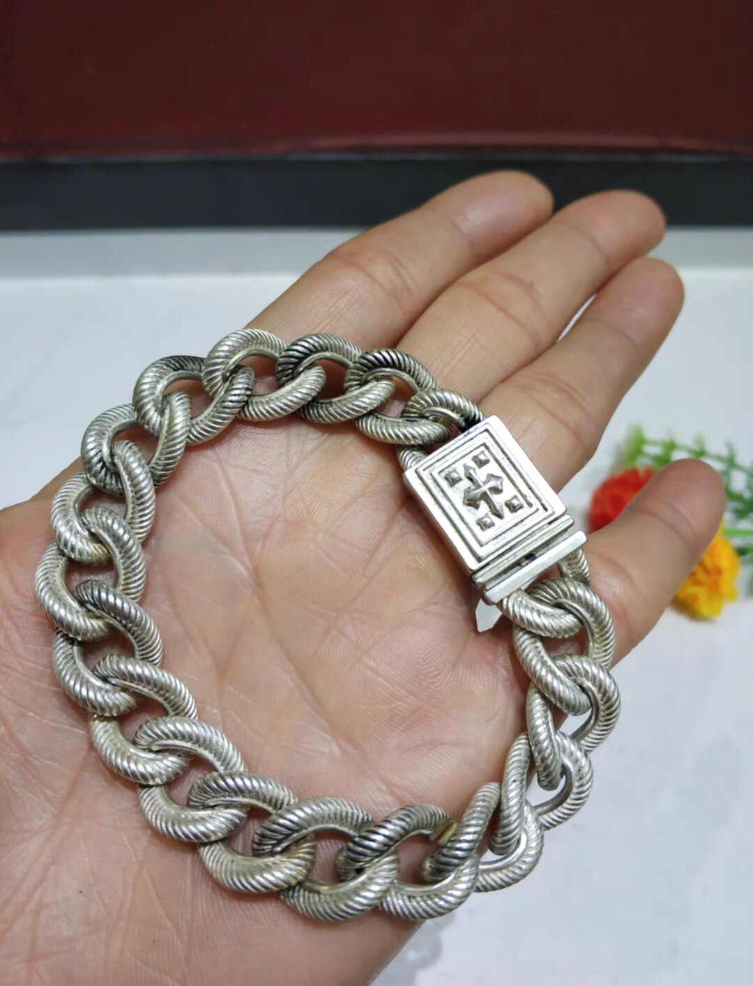 做旧白铜镀银苗族银手工制造环扣链手链男女霸气银饰手镯现货