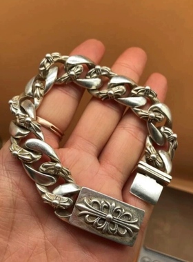 做旧白铜镀银手链嘻哈风925银