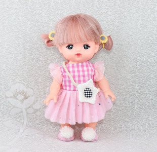 米露娃娃小美乐适用衣服配件粉格纱裙套装三件套+头绳 满58元包邮