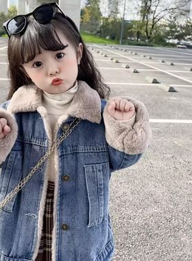 女童牛仔外套装韩版新款仿兔毛派克服冬儿童加绒洋气夹克上衣时髦