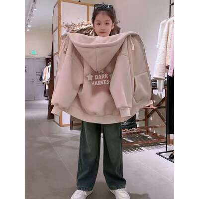 女童2025新款外套加绒儿童冬装秋冬时髦卫衣潮加厚中大童连帽开衫