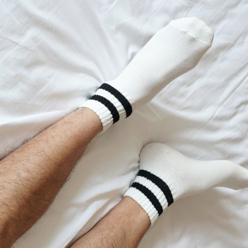 Weekan两条杆白色春夏短筒袜粗针蓬松感条纹中长日系复古纯棉男女