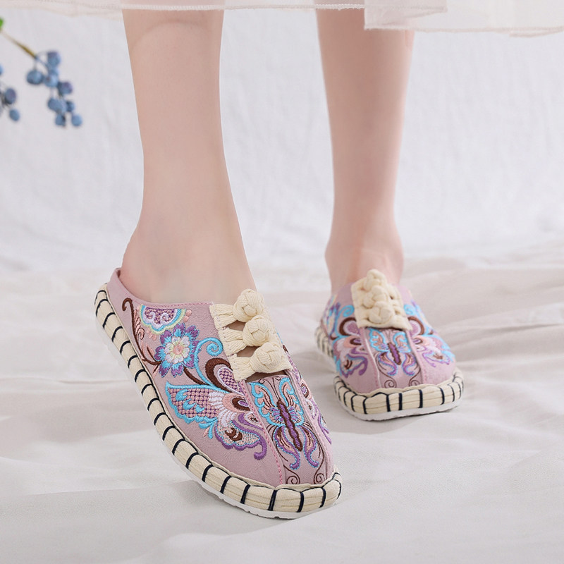 国潮民族复古风平底老北京布鞋刺绣半托手工千层底女鞋包头凉拖鞋