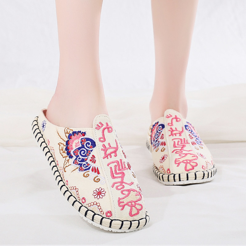 国潮民族复古风东巴文刺绣布鞋手工千层底绣花半托老北京包头拖鞋