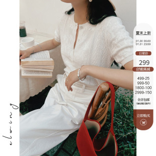 高级t恤上衣 Elwing原创法式 浪漫白色蕾丝圆领短袖 针织衫 女夏季