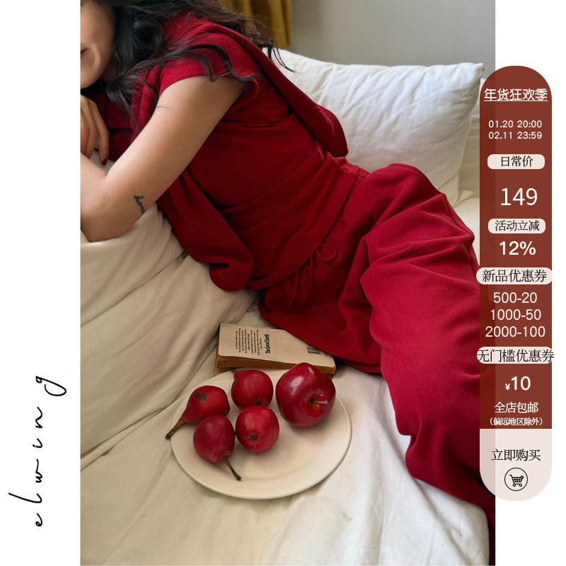 Elwing原创新年红加绒连帽拉链卫衣阔腿裤磨毛短袖T恤套装年衣,女装/女士精品,时尚套装,淘宝优惠券,粉丝福利购,淘宝优惠卷