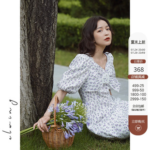 短款 Elwing原創(chuàng)2025夏季 女紫色碎花蝴蝶結泡泡袖 V領法式 連衣裙